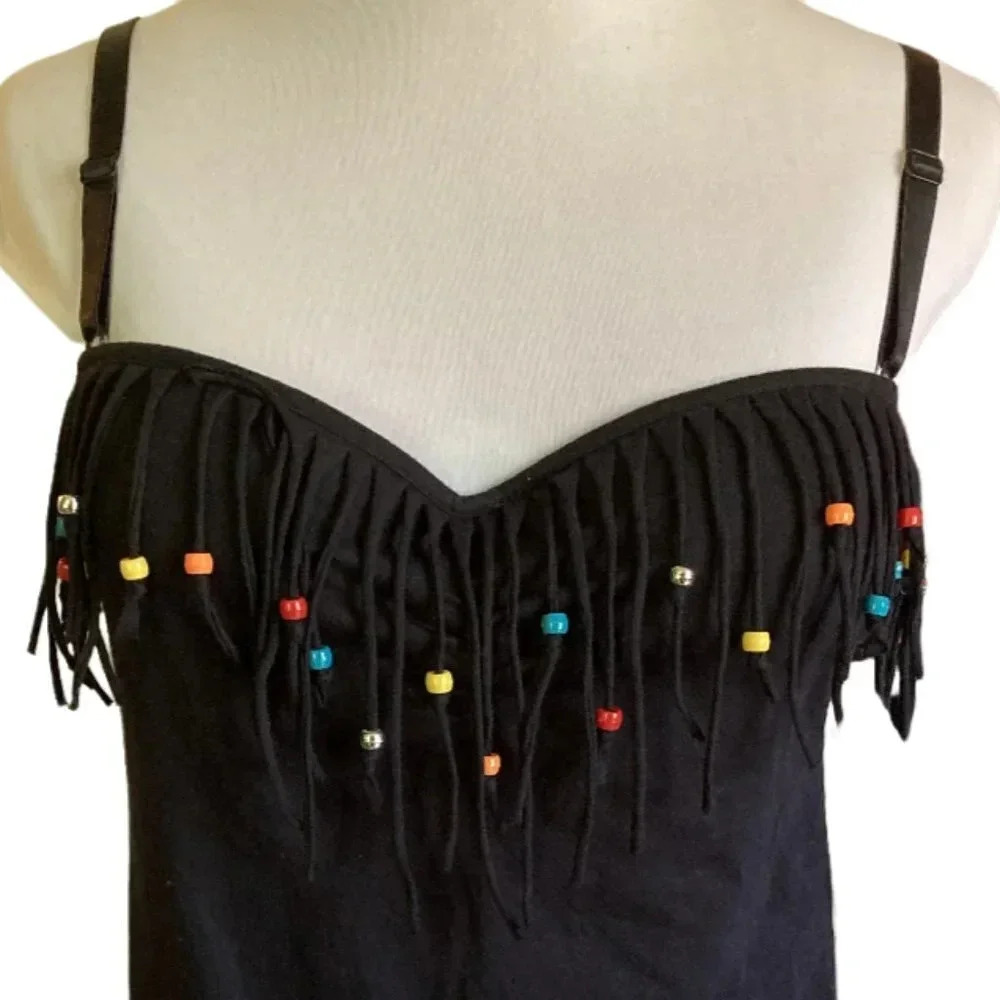GLO Jeans Fringed Beaded Black Festival Top, Size‎ XL (Junior), w Padded Bra